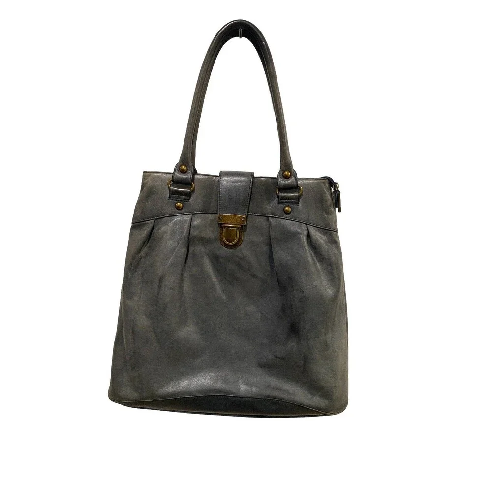 Hobo International Tote Bag Large Gray Leather Shoulder Carry All buckle Closure